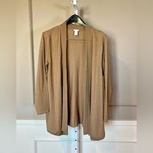 J. Jill Cardigan Sweater Large Camel Tan Open Front Wool Blend Long Length EUC